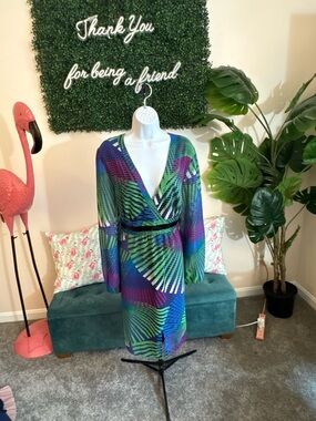 Vibrant Tropical Print Wrap Dress - Blue/Green/Purple